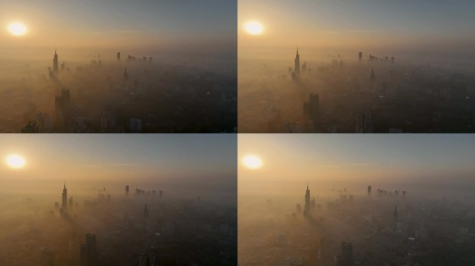 航拍日出平流雾下的南京城市风光