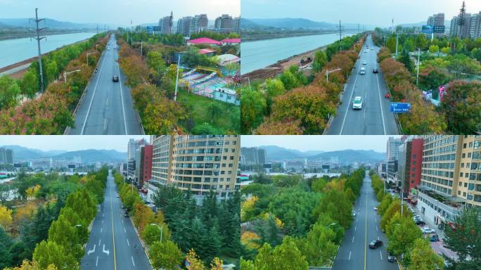 卢氏县城公路秋景航拍空镜2