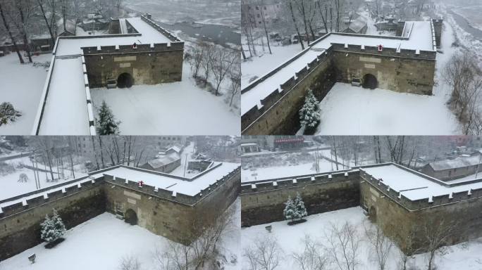 航拍河北易县紫荆关长城雪景