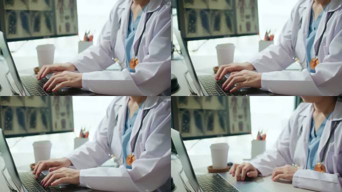 女医生给患者分析平板电脑上的肺部扫描