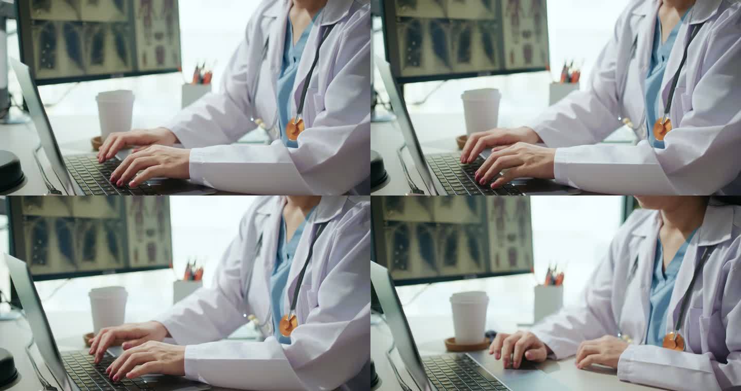 女医生给患者分析平板电脑上的肺部扫描