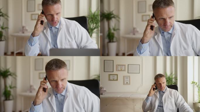 在他的办公室里，白人男医生用手机交谈
