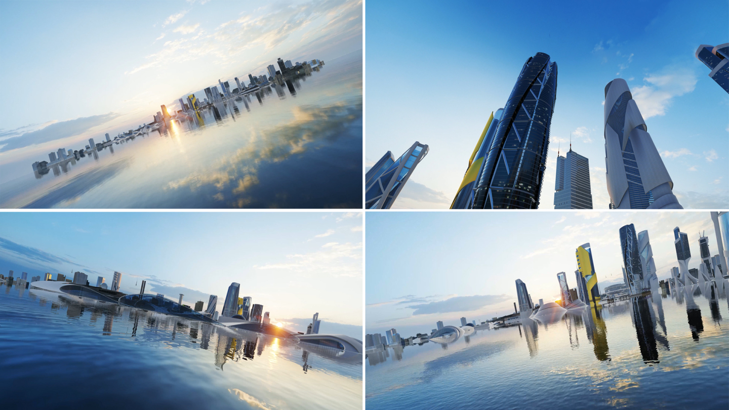 未来抽象海面城市建筑生长合集