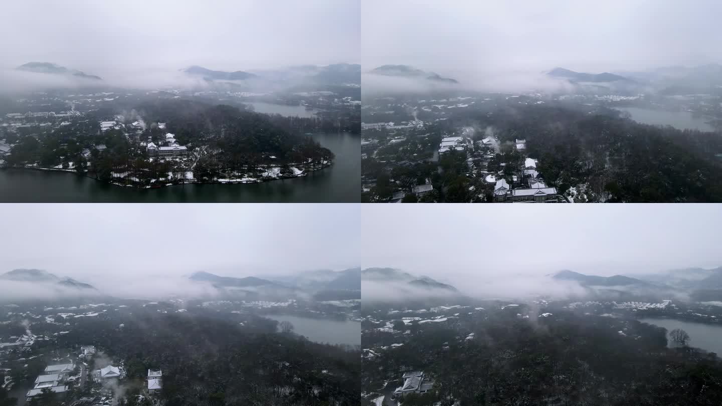 航拍雪中杭州西湖-茅家埠