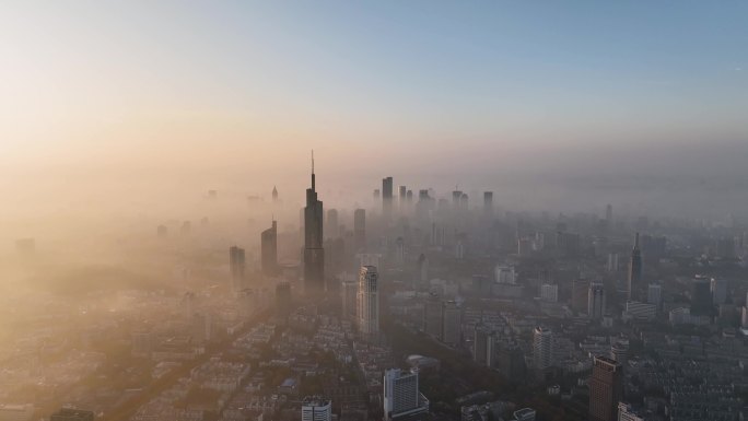 航拍日出平流雾下的南京城市风光