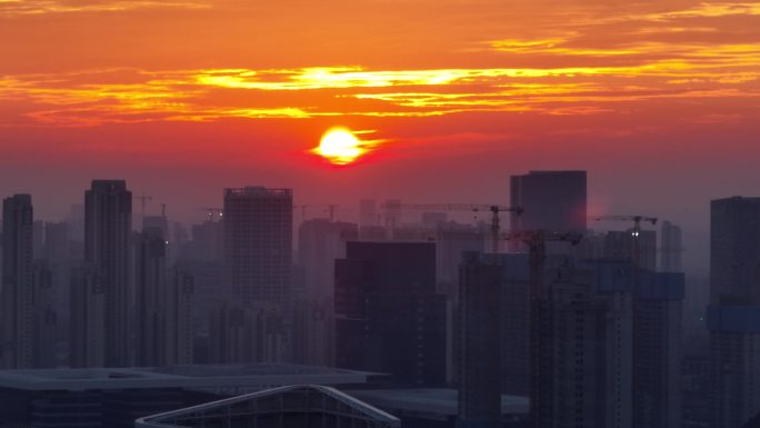 湖北广电传媒大厦日出朝霞航拍