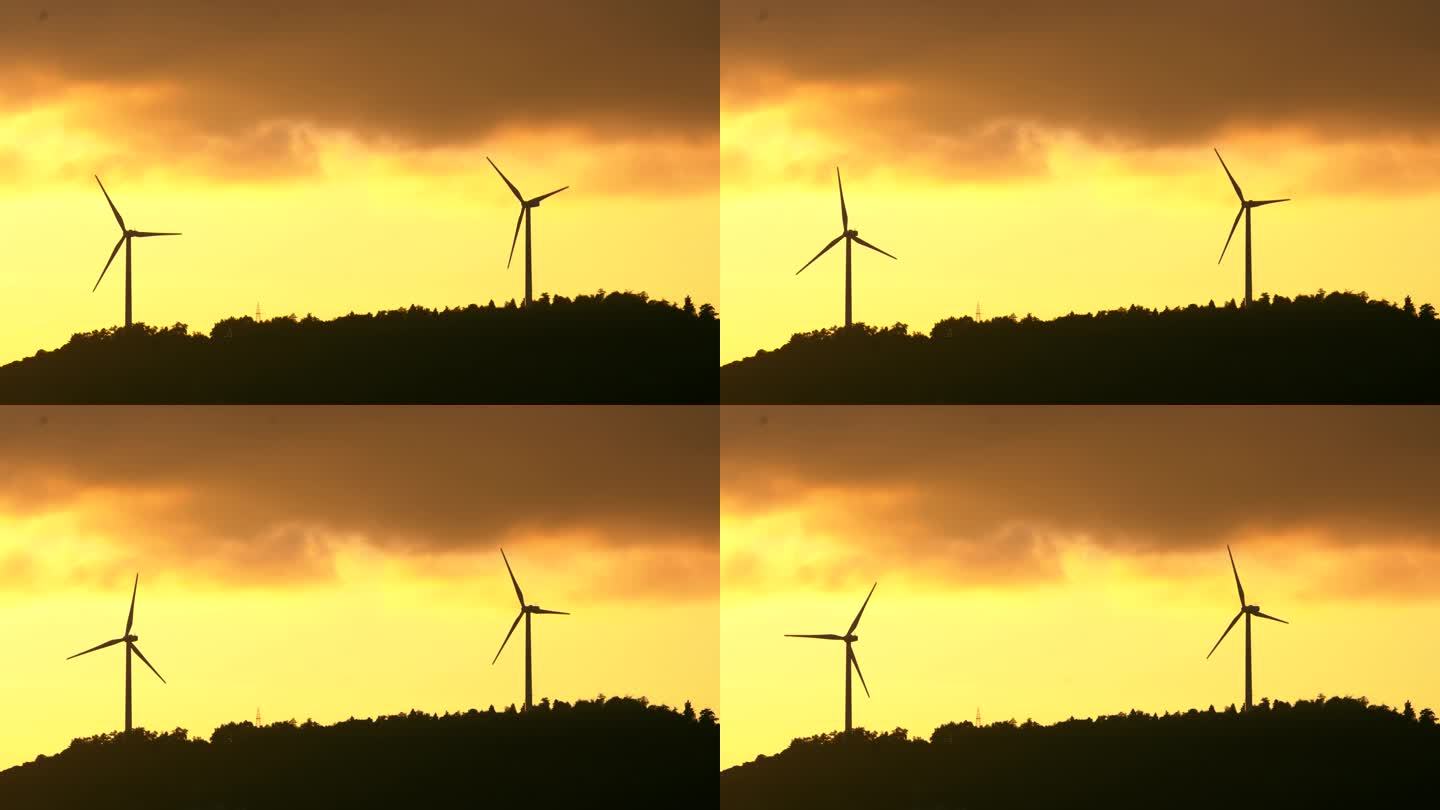 4K日落风力发电机组 夕阳余晖 环保