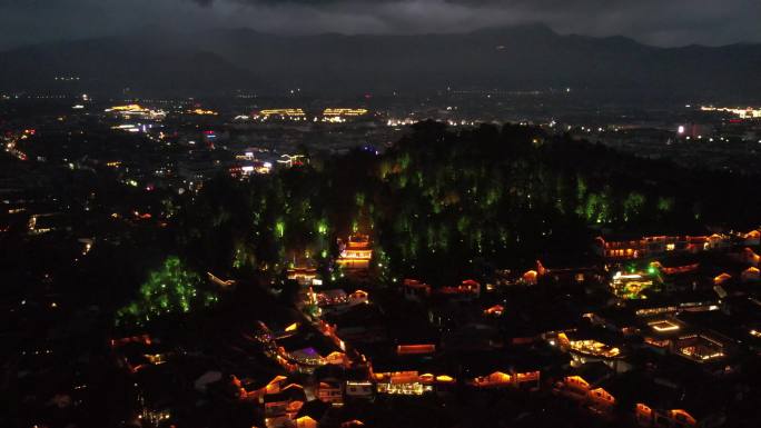 航拍丽江古城夜景