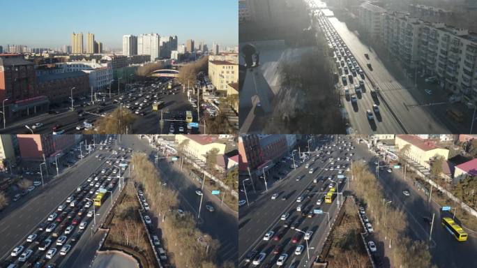 哈尔滨冬季航拍车流堵车上班高峰三大动力路