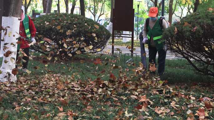 环卫工人清理公园里的落叶
