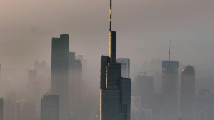 航拍日出平流雾下的南京城市风光