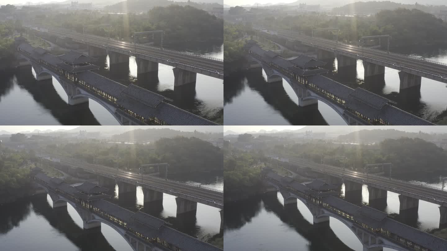 航拍河流上的风雨桥日出日落时刻