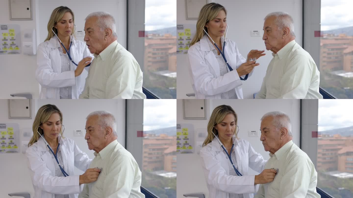 老年医学女医生用听诊器检查一名男性患者