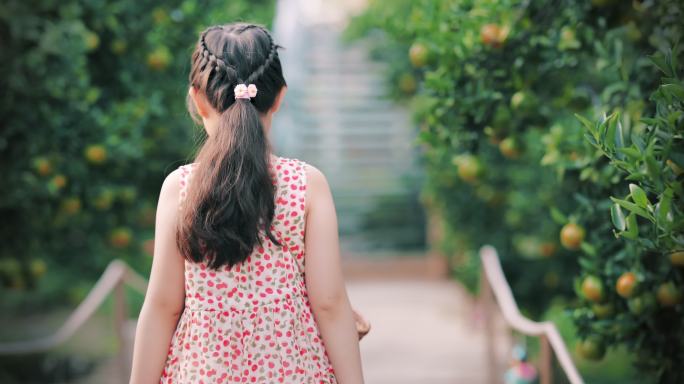 快乐的女孩拿着棒棒糖在橘子林里散步