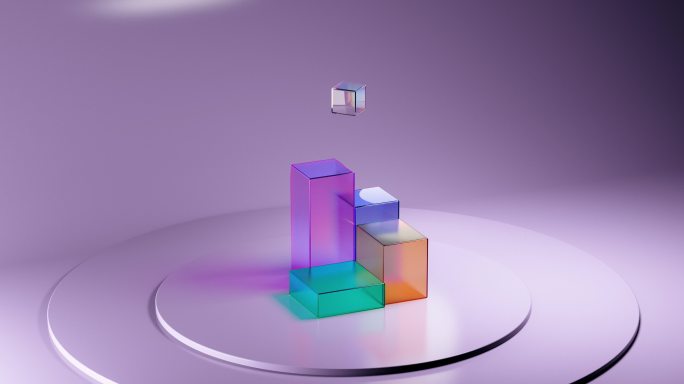 粉色讲台上不同颜色的玻璃立方体的抽象3D动画。