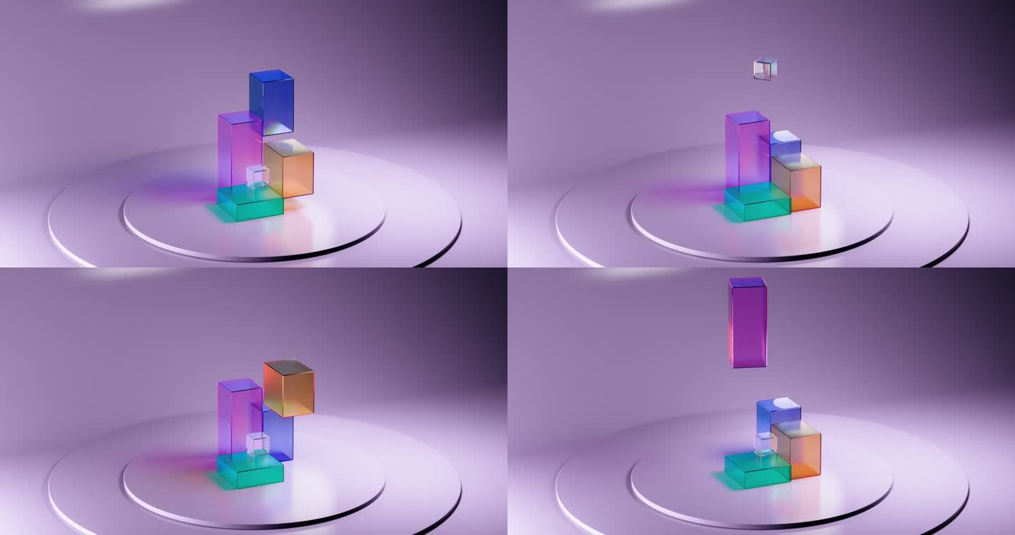 粉色讲台上不同颜色的玻璃立方体的抽象3D动画。