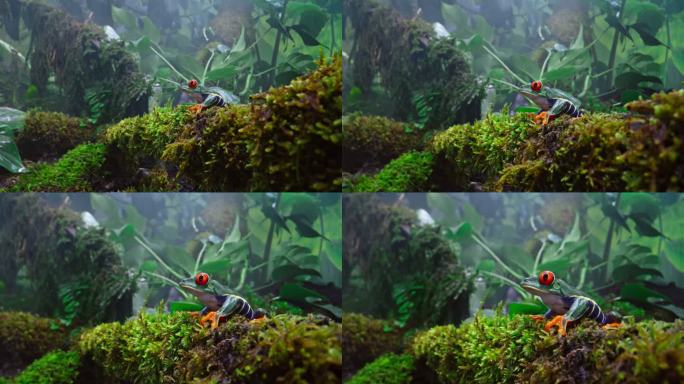 SLO MO DS坐在丛林苔藓上的红眼树蛙