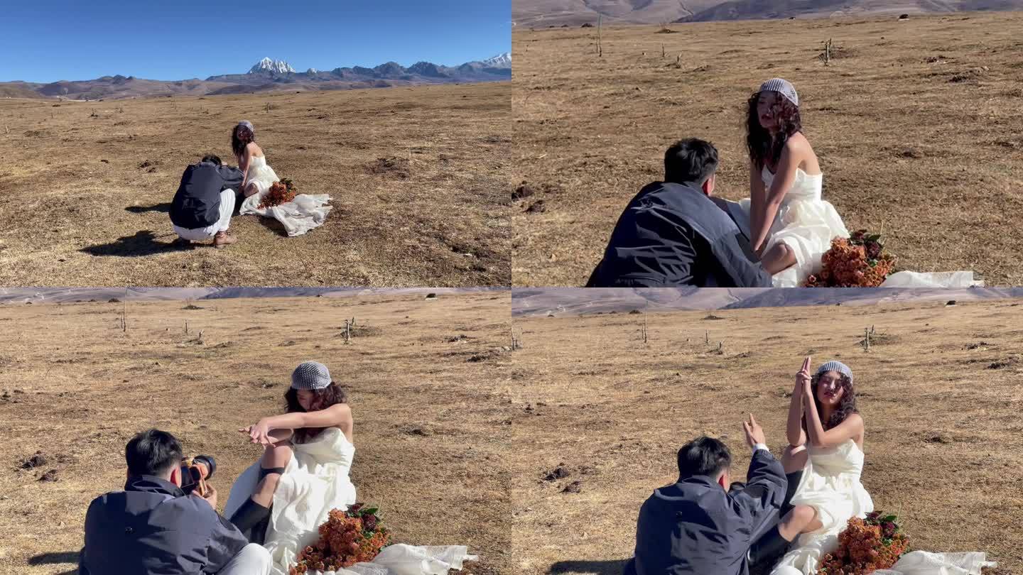 高原枯黄草原雪山摄影师拍美女写真婚纱全景