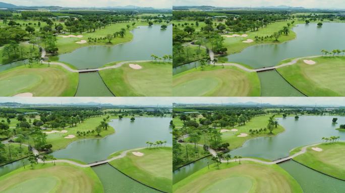 高尔夫球场空中视频。带棕榈树的豪华高尔夫球场
