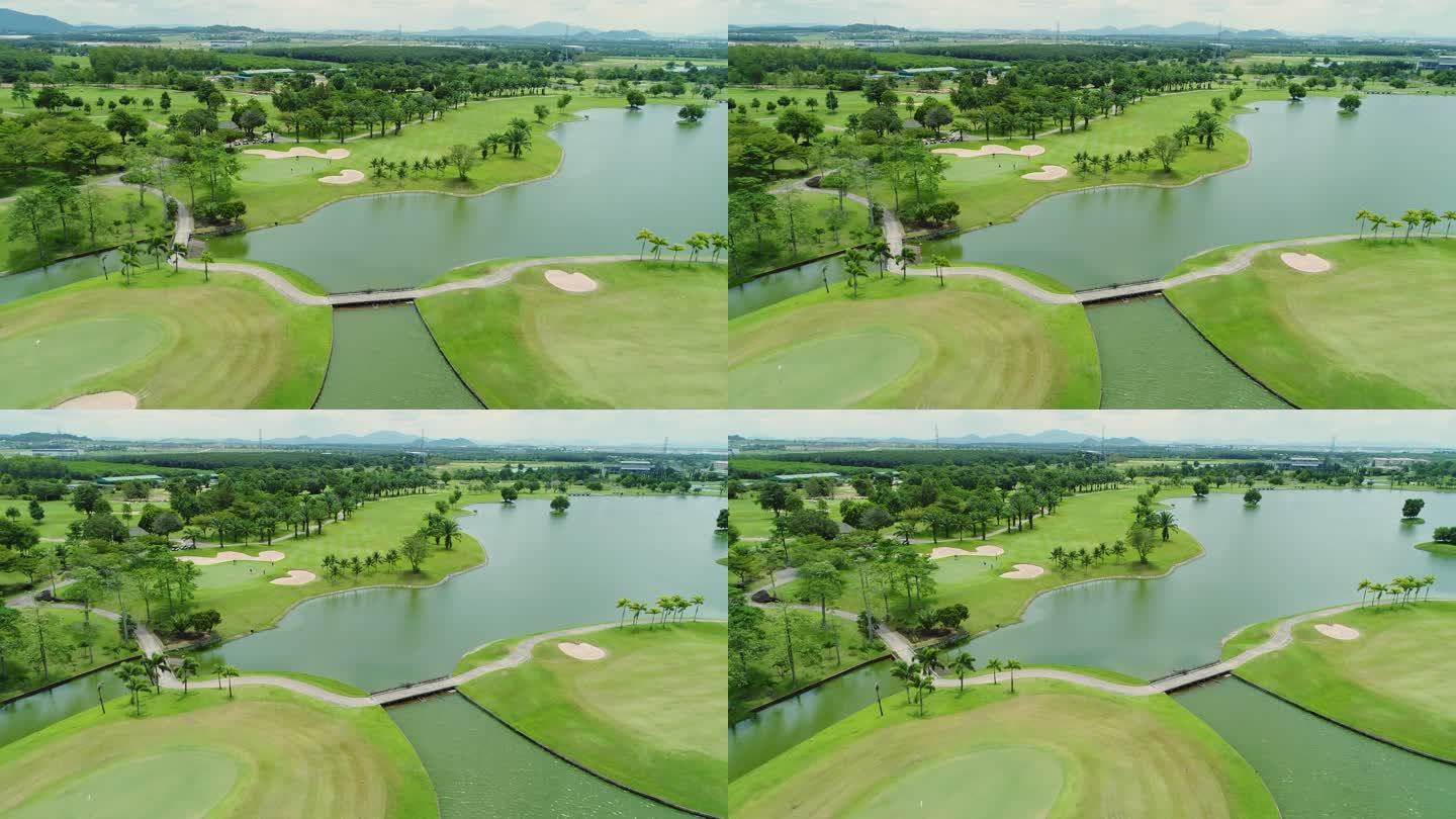 高尔夫球场空中视频。带棕榈树的豪华高尔夫球场