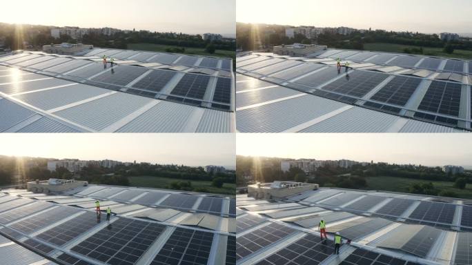 工人安装太阳能电池板。