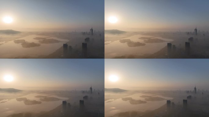 航拍日出平流雾下的南京城市风光