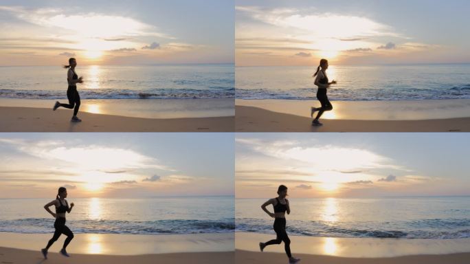 日落时沙滩上奔跑的女人剪影