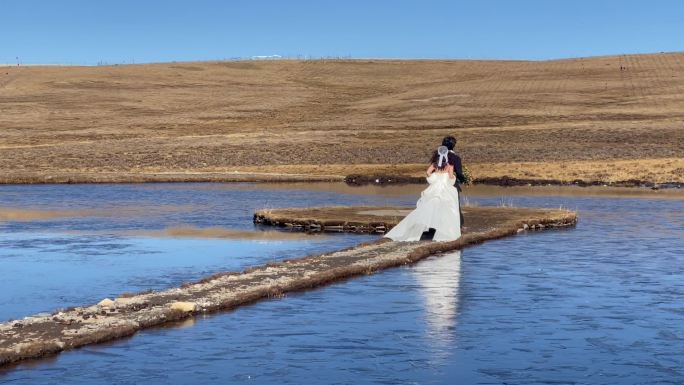 高原枯黄草原湖泊拍写真婚纱