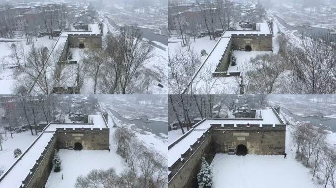 航拍河北易县紫荆关长城雪景