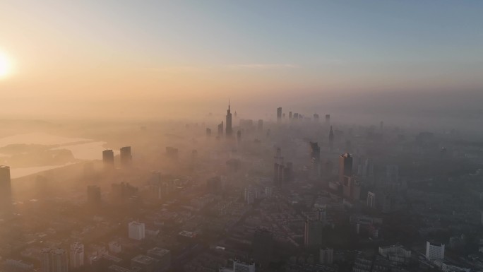 航拍日出平流雾下的南京城市风光