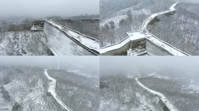 航拍河北易县紫荆关长城雪景