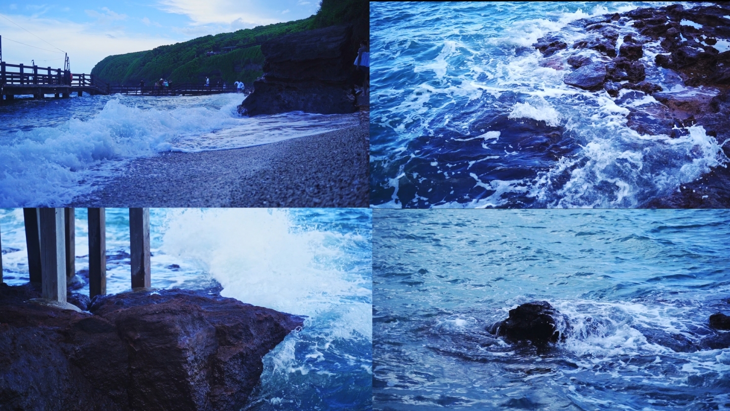 海浪浪花拍打拍击礁石特写升格镜头