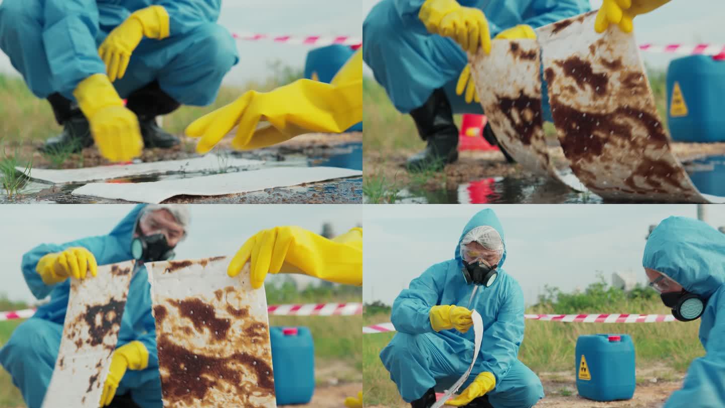 穿着PPE防护服和口罩的污染控制小组正在清理工厂附近的漏油