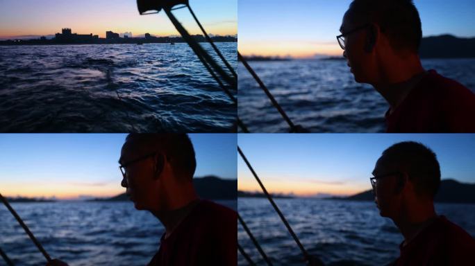 海面 轮船 夕阳