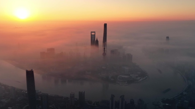 上海陆家嘴北外滩地标宣传上海平流雾日出