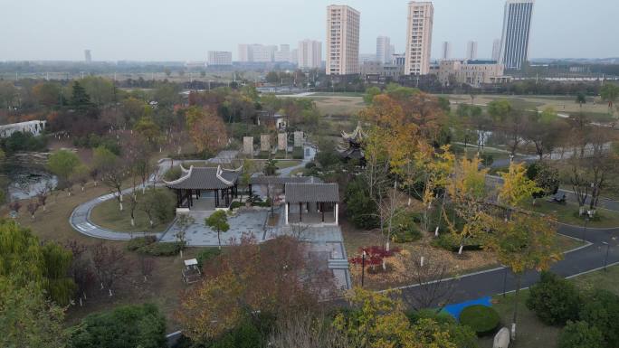 航拍宿迁骆马湖湖滨公园大观楼-HDR