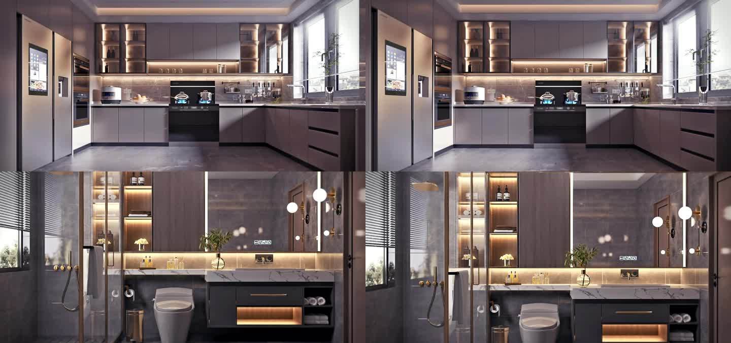 室内三维 现代 新中式 厨房 卫生间