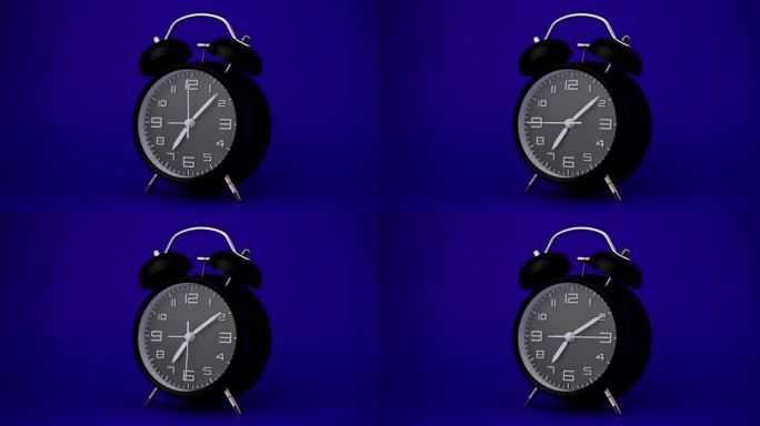 黑色桌子上的闹钟在蓝色背景上高速运行，向前循环播放股票视频