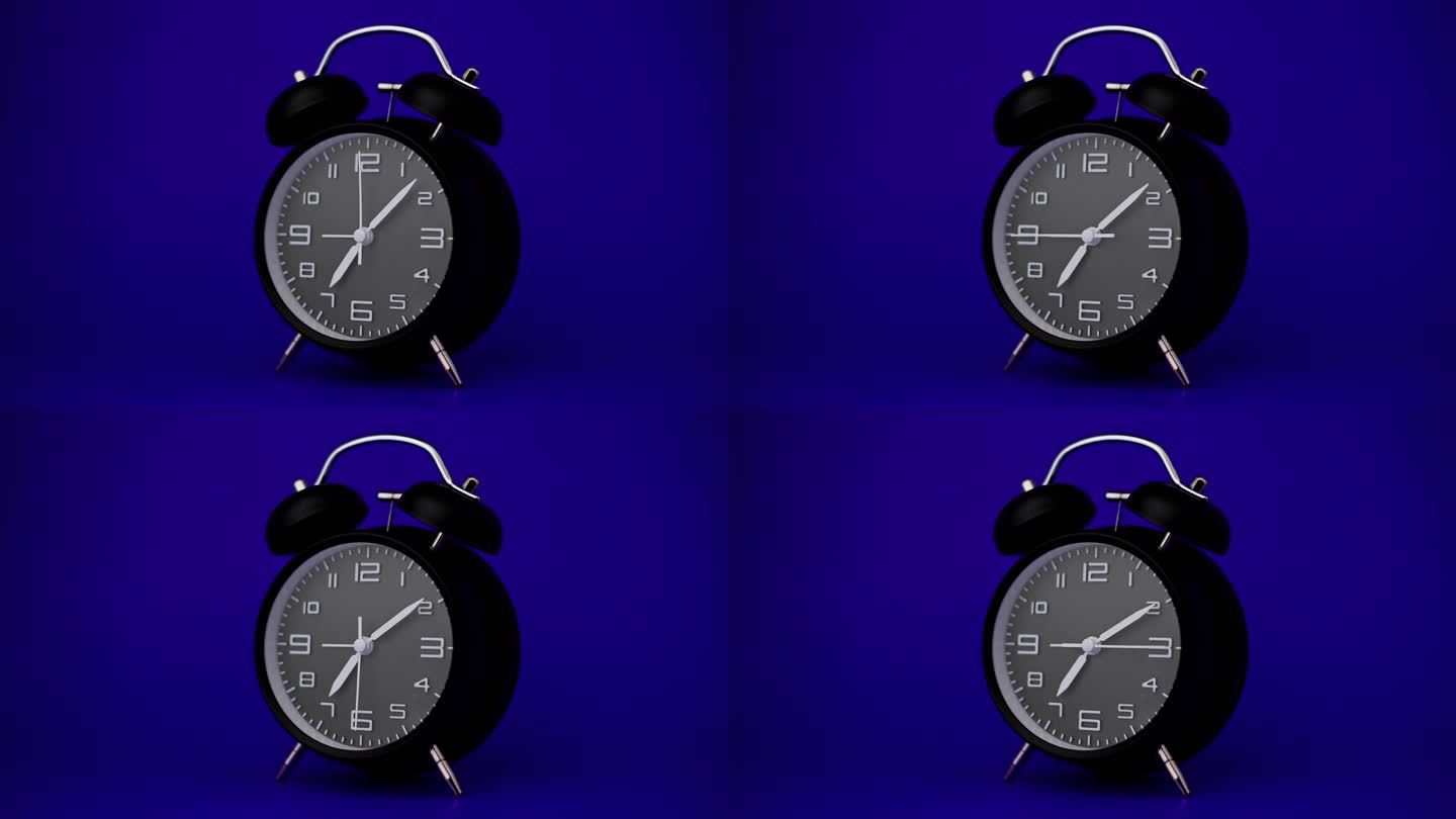 黑色桌子上的闹钟在蓝色背景上高速运行，向前循环播放股票视频