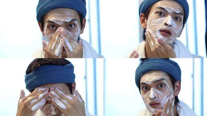 年轻人洗脸作为早晨皮肤护理的常规