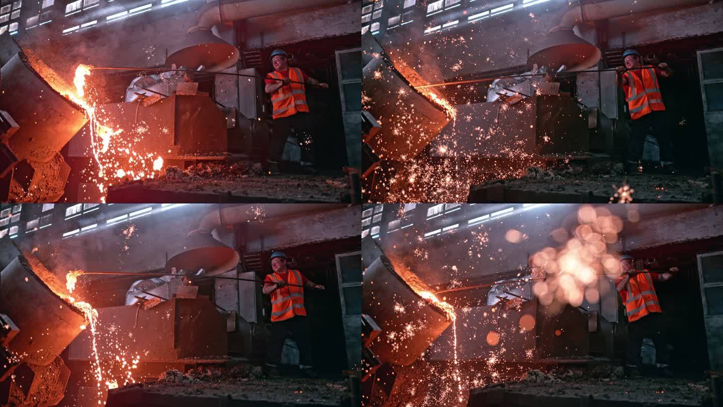 SLO MO LD男钢厂工人正在清除熔融金属中的熔渣和四处飞溅的火花