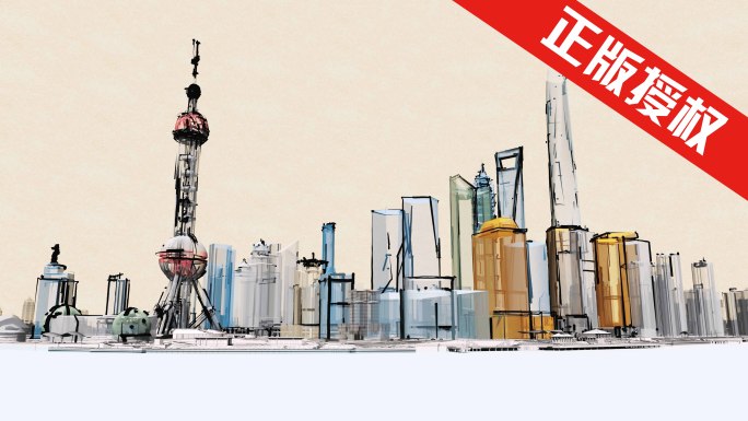4k上海三维立体画手绘草图水墨线条生长