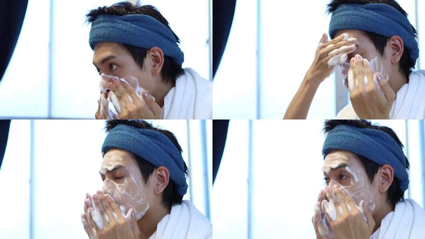 年轻人洗脸作为早晨皮肤护理的常规