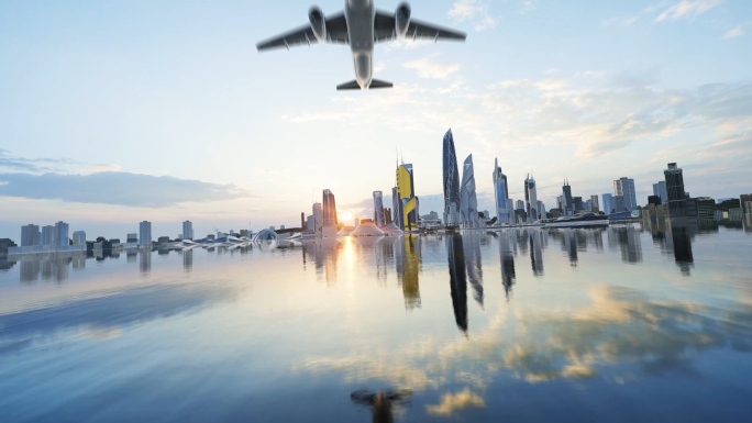 未来抽象海面城市飞机飞过合集