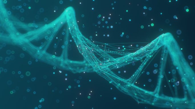 蓝色背景下旋转DNA发光分子的无缝动画