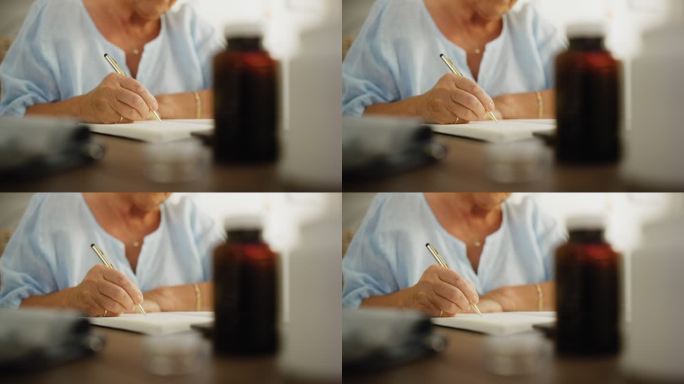 老年妇女在线咨询时做笔记