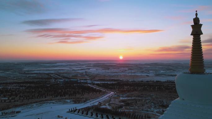 海拉尔雪后日落夕阳航拍大景林海雪原超清