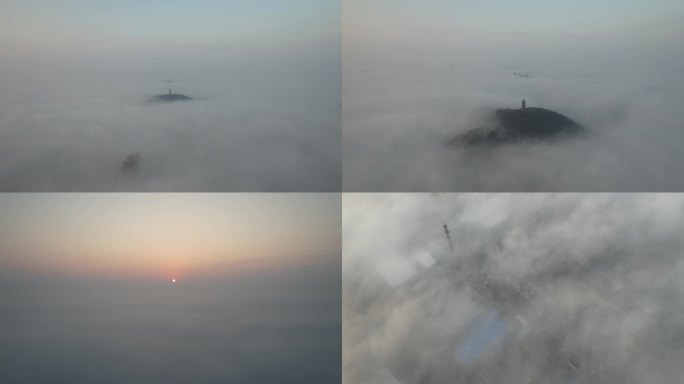 海宁东山智标塔，大雾山顶云雾缭绕，航拍