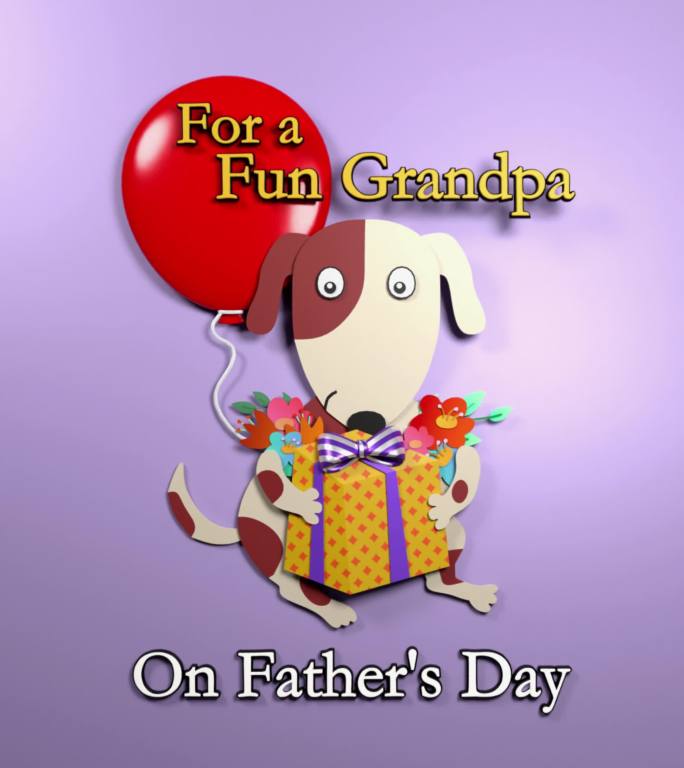 垂直的父亲节快乐贺卡为爷爷横幅或传单，带有一只装满4K分辨率礼包的快乐狗