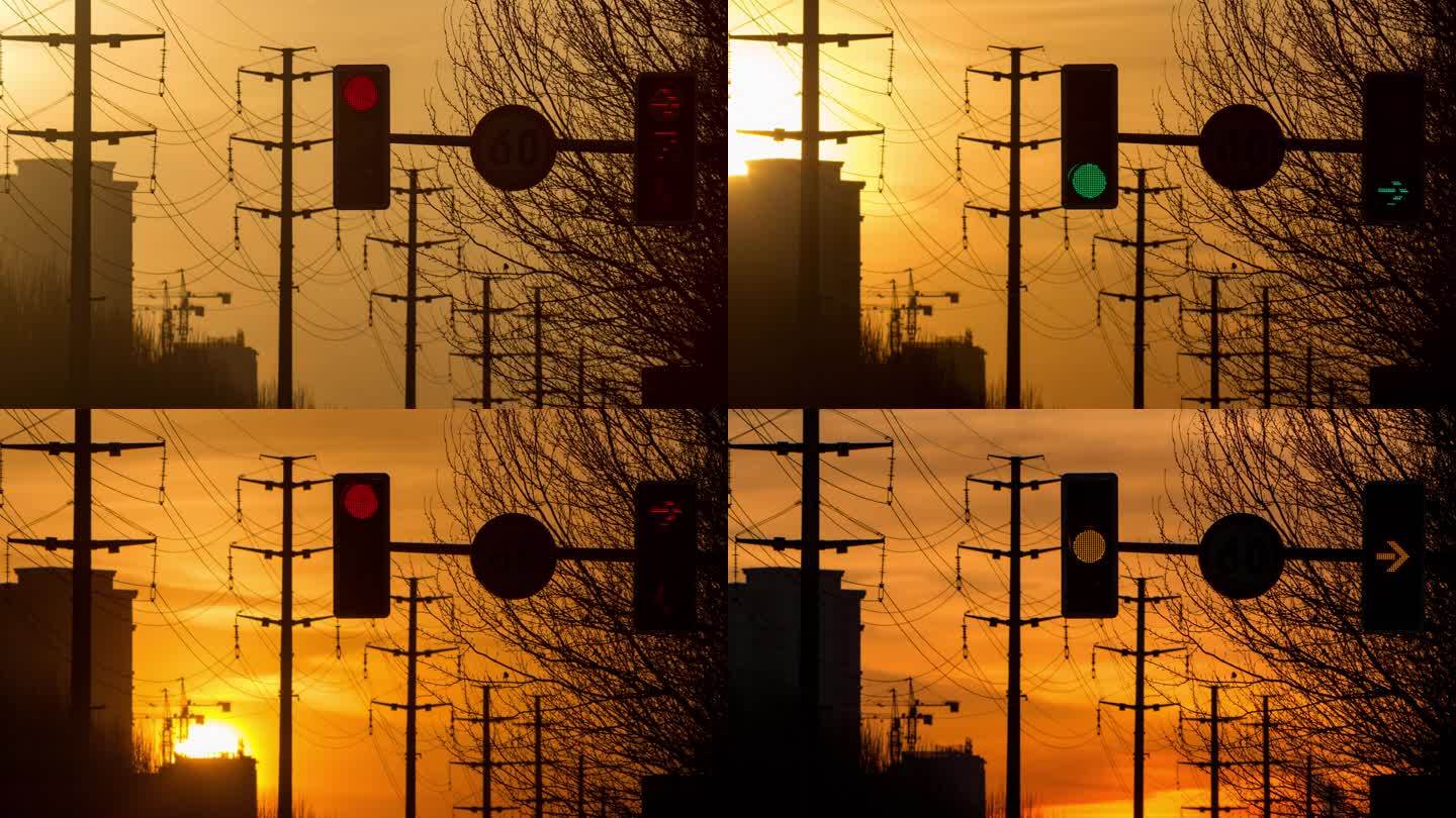 日落城市交通路口信号灯红绿灯电线杆枯树枝